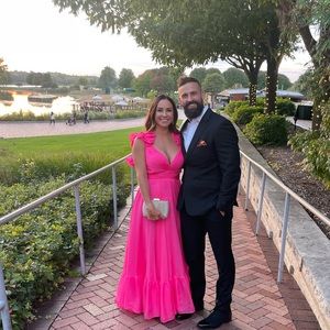 Mac Duggal Ruffled Tiered Cut-Put Chiffon Gown- hot pink